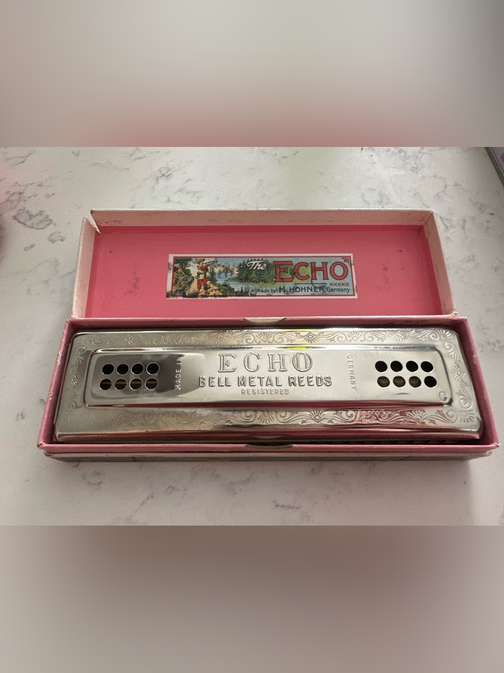 The Echo Harp Bell Metal Reeds Silver Harmonica with Presentation Case Hohner